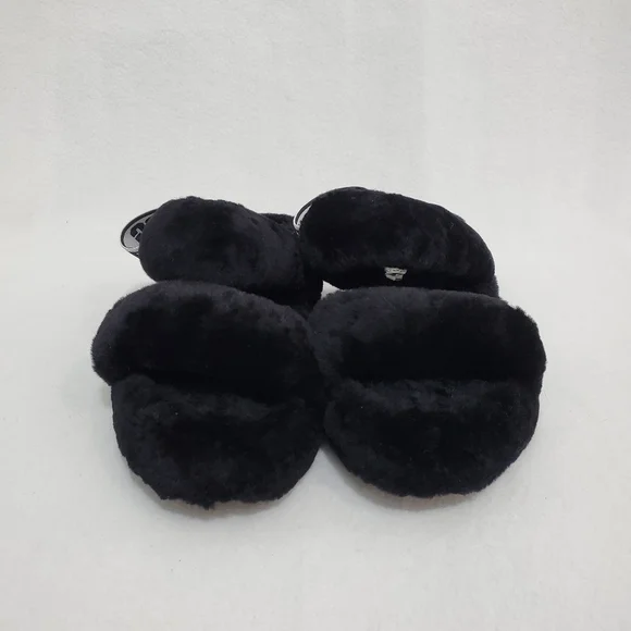 Ugg Oh Yeah Black/White Slingback Fur Slipper Sandals - Picture 2 of 6